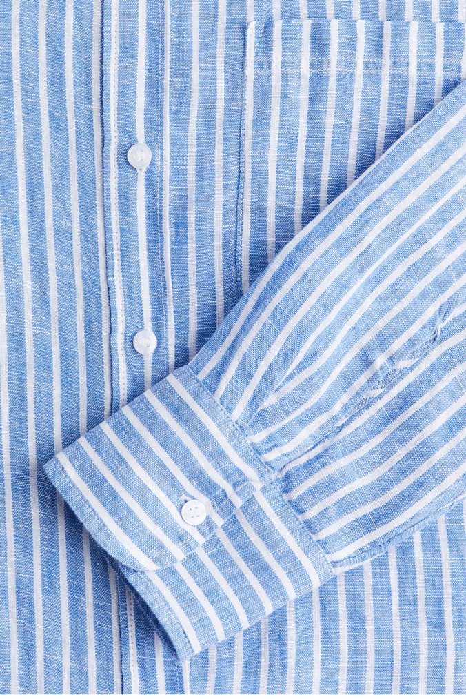 Mavi Çizgili Keten Uzun Kollu Gömlek - Görsel 2