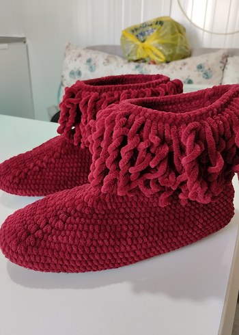 Bordo Örgü Kız Çocuk Sıcak Ev Terliği - Görsel 3