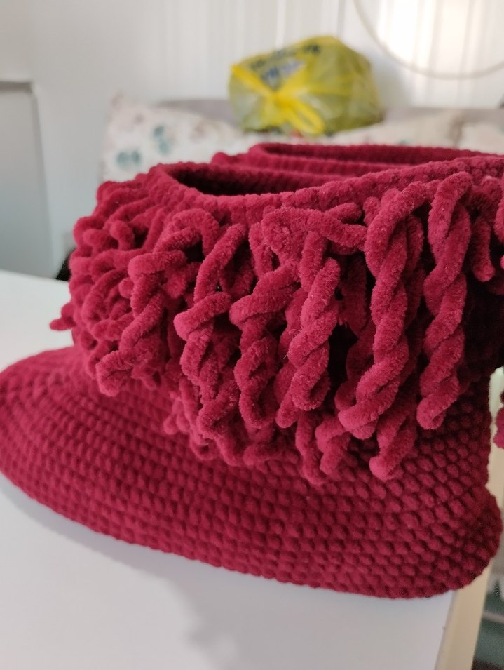 Bordo Örgü Kız Çocuk Sıcak Ev Terliği - Görsel 2