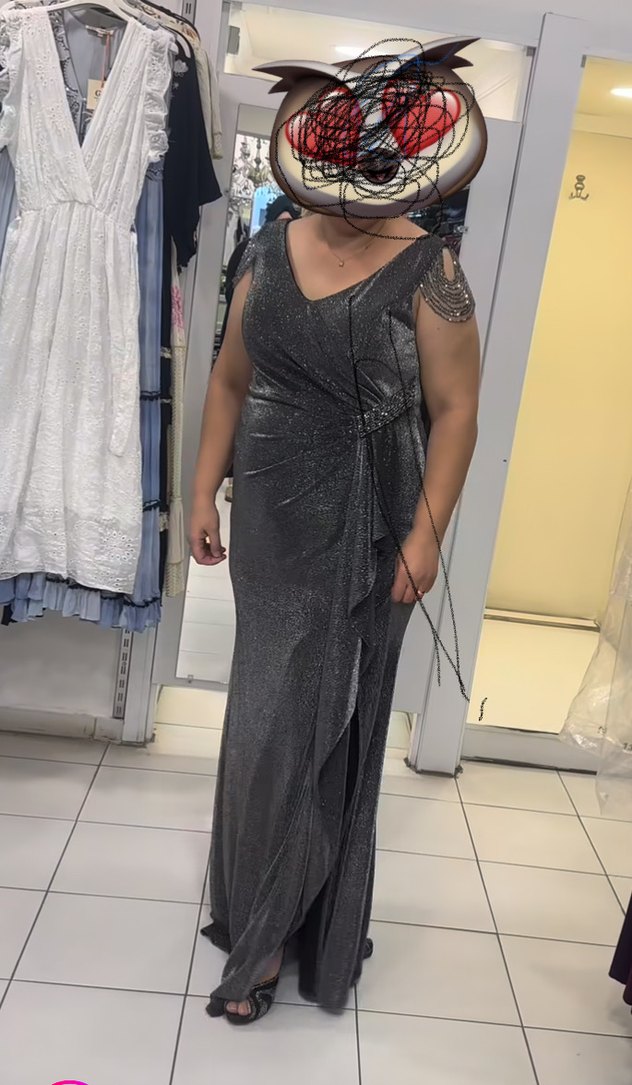 Uzun V Yakalı Gri Drapeli Abiye Elbise - Görsel 5