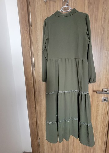 Kadın Haki Bohem Nakışlı Uzun Keten Elbise - Görsel 3