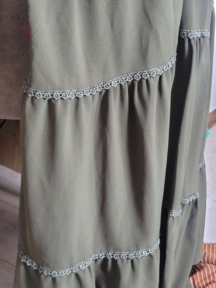 Kadın Haki Bohem Nakışlı Uzun Keten Elbise - Görsel 2