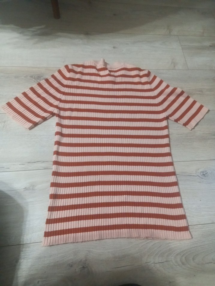 Pembe Çizgili Kısa Kollu Kadın Triko - Görsel 4