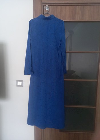 Drapeli Lacivert Uzun Keten Elbise - Görsel 11