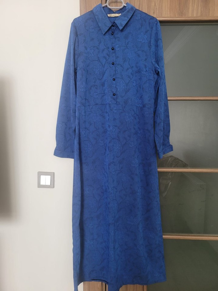 Drapeli Lacivert Uzun Keten Elbise - Görsel 2