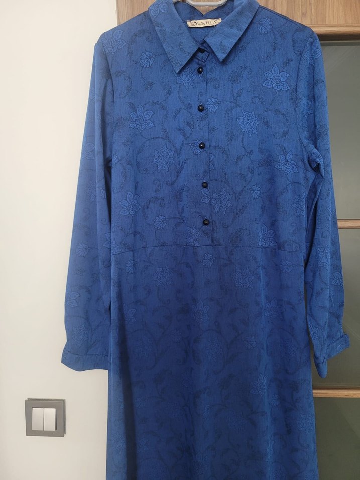 Drapeli Lacivert Uzun Keten Elbise - Görsel 5