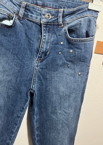 Kadın Mavi Bağcıklı Normal Boy Denim Pantolon - Görsel 4