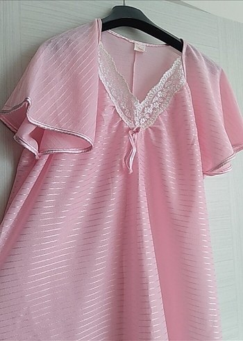 Pembe Nakışlı Kısa Kollu Midi Kadın Gecelik - Görsel 5