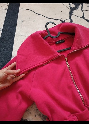 Pembe Kapüşonlu Fermuarlı ceket - Görsel 6