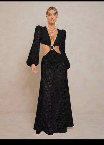 Sheinside Siyah Transparan Balon Kollu Maxi Elbise