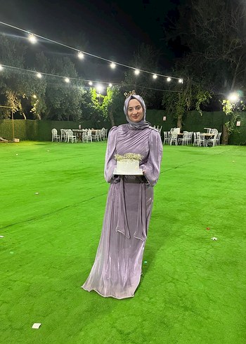 Mor Uzun Kollu Yüksek Yakalı Kadın Elbise - Görsel 3