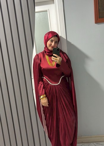 Bordo Uzun Kol Etik Desenli Tesettür Elbise - Görsel 3