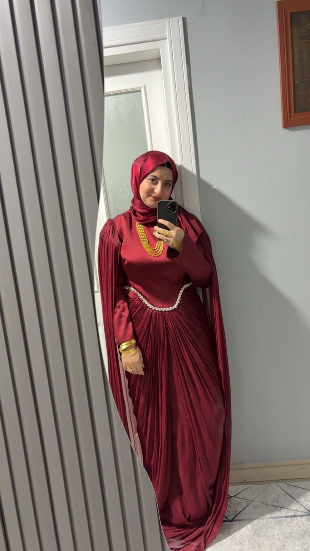 Bordo Uzun Kol Etik Desenli Tesettür Elbise - Görsel 2