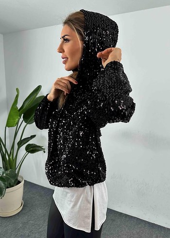 Siyah Payetli  Kadın Sweatshirt - Görsel 4