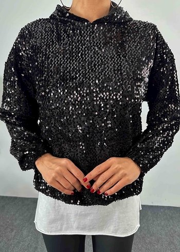 Siyah Payetli  Kadın Sweatshirt - Görsel 3