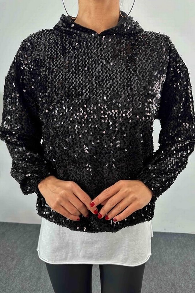 Siyah Payetli  Kadın Sweatshirt - Görsel 3