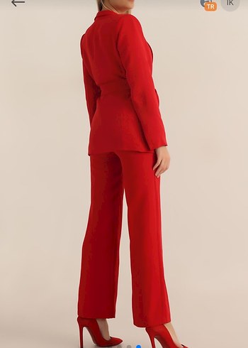 Kadın Kırmızı Kuşaklı Uzun Ceketli Takım - Görsel 4
