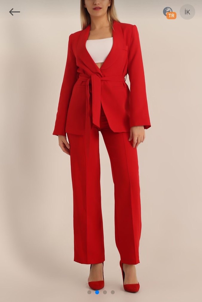 Kadın Kırmızı Kuşaklı Uzun Ceketli Takım - Görsel 3