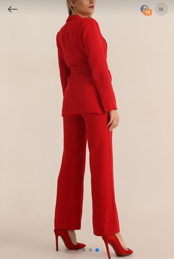 Kadın Kırmızı Kuşaklı Uzun Ceketli Takım - Görsel 4