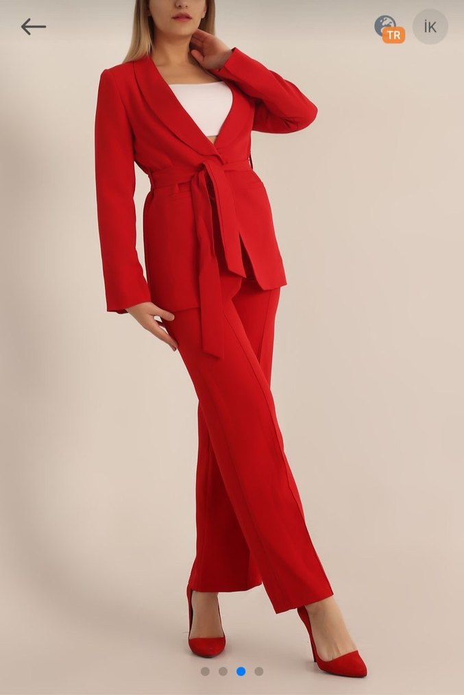 Kadın Kırmızı Kuşaklı Uzun Ceketli Takım - Görsel 2
