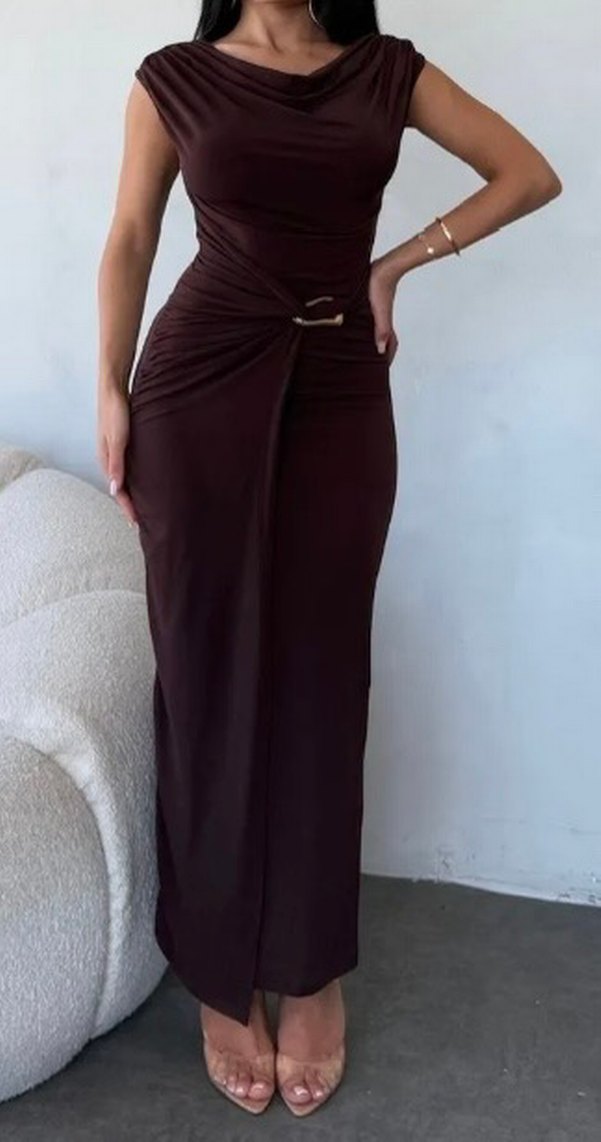 Kahverengi Drapeli Uzun Kollu Kalem Elbise - Görsel 2