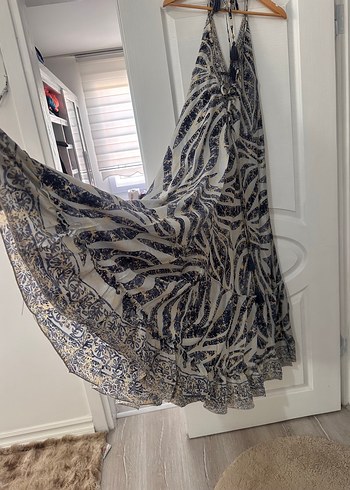 diğer Beden Mavi Gri Batik Desenli Uzun Bohem Elbise