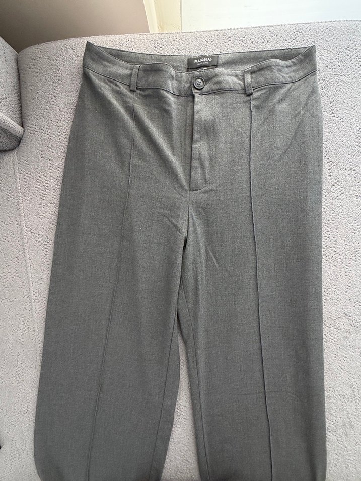 PULL bear Gri Midi Keten Kadın Pantolon - Görsel 4