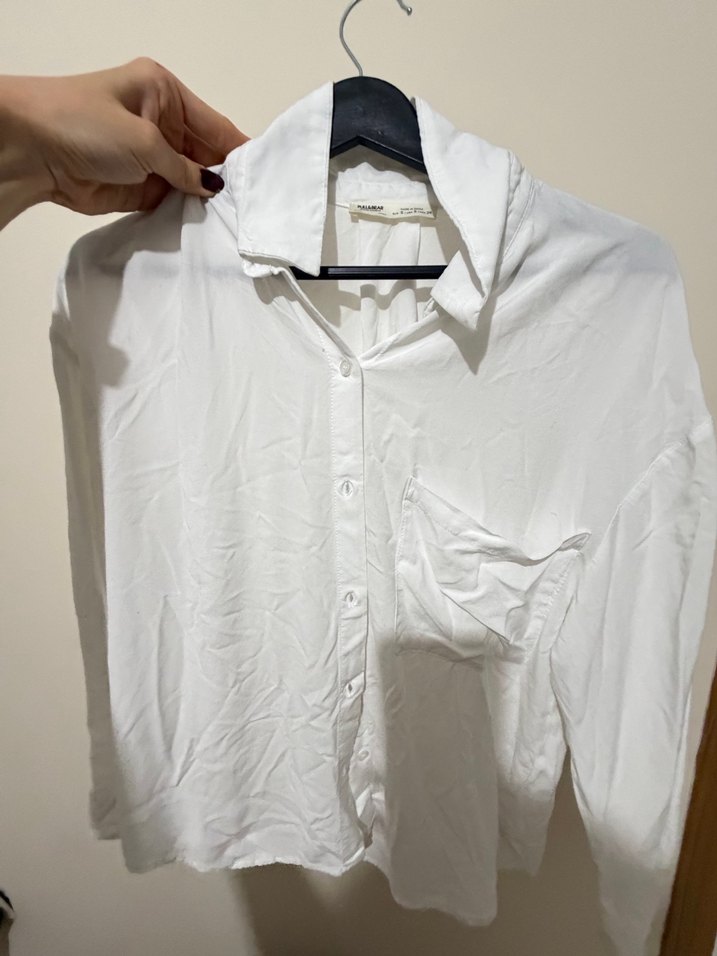 Pull&Bear Kadın Beyaz Pamuklu V Yaka Gömlek - Görsel 4