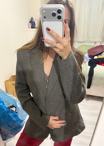 Pull&Bear Gri Ekose Düğmeli Kadın Blazer Ceket - Görsel 2