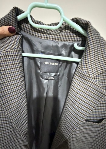 Pull&Bear Gri Ekose Düğmeli Kadın Blazer Ceket - Görsel 4