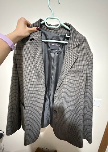 Pull&Bear Gri Ekose Düğmeli Kadın Blazer Ceket - Görsel 3
