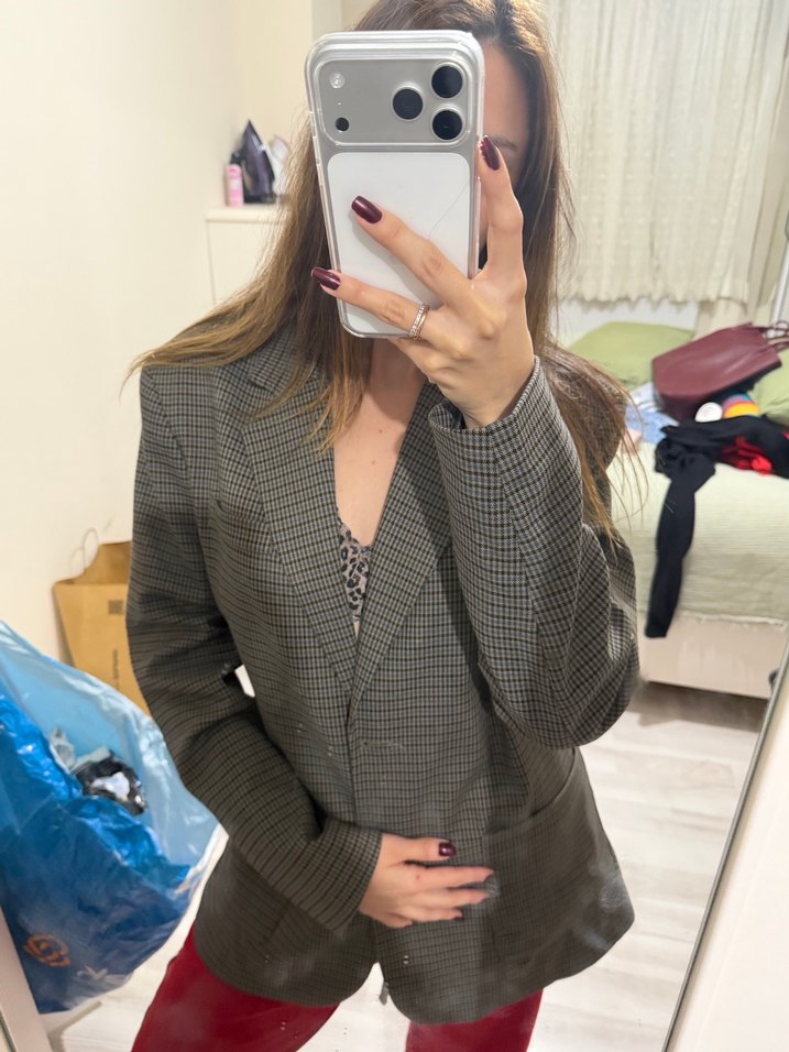 Pull&Bear Gri Ekose Düğmeli Kadın Blazer Ceket - Görsel 2