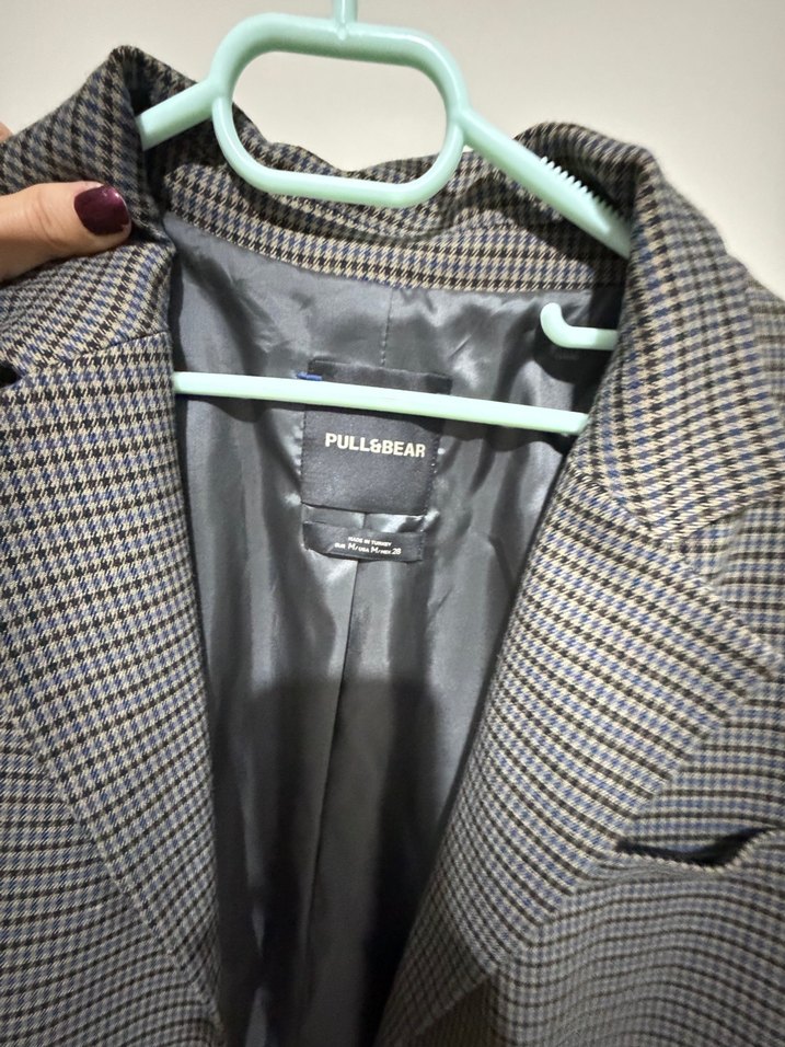 Pull&Bear Gri Ekose Düğmeli Kadın Blazer Ceket - Görsel 4