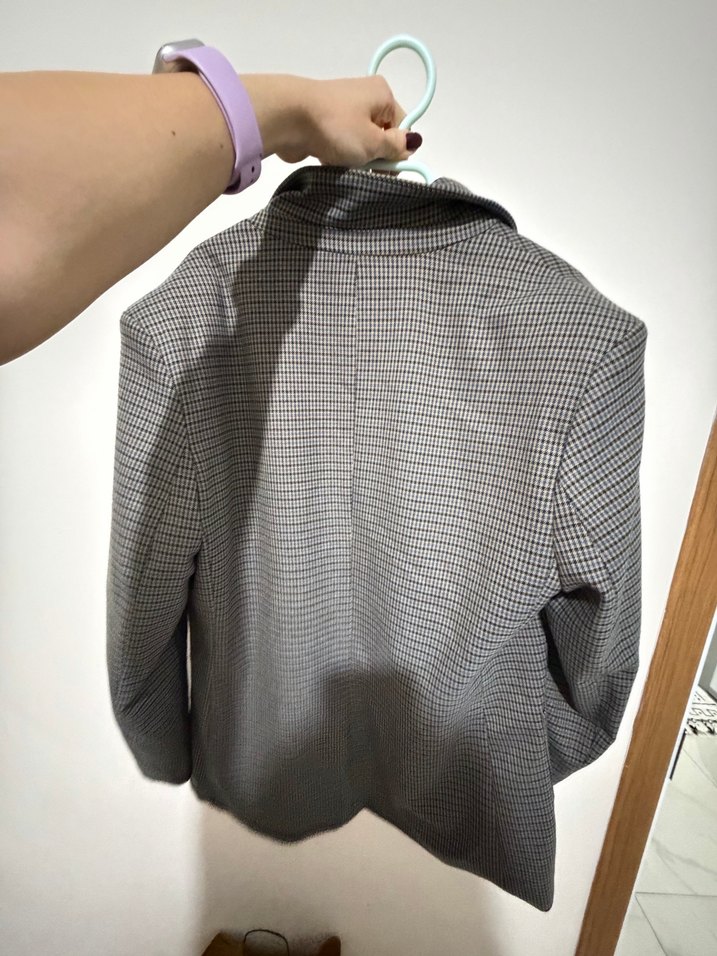 Pull&Bear Gri Ekose Düğmeli Kadın Blazer Ceket - Görsel 5