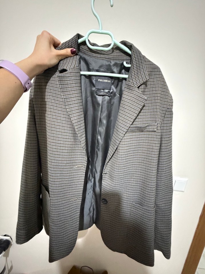 Pull&Bear Gri Ekose Düğmeli Kadın Blazer Ceket - Görsel 3