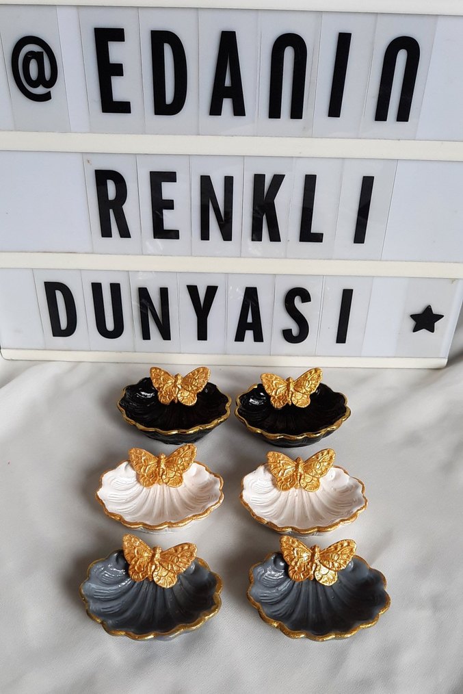 Altın detaylı siyah beyaz çiçek desenli tabak set lokumluk - Görsel 5