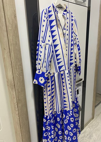 Mavi Bohem Uzun Desenli Elbise - Görsel 4