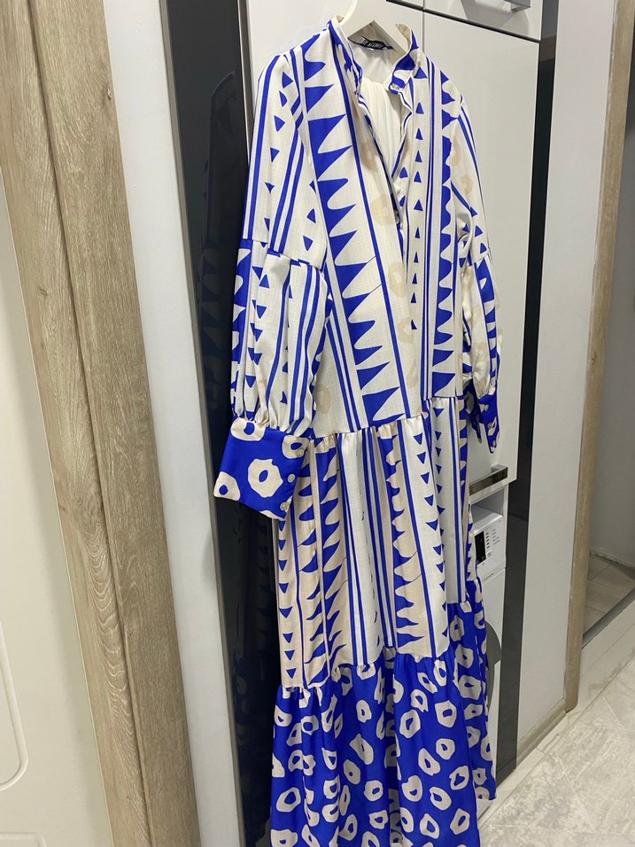 Mavi Bohem Uzun Desenli Elbise - Görsel 4