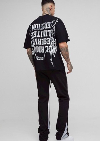 Siyah Baskılı Oversize Erkek Tişört - Görsel 3