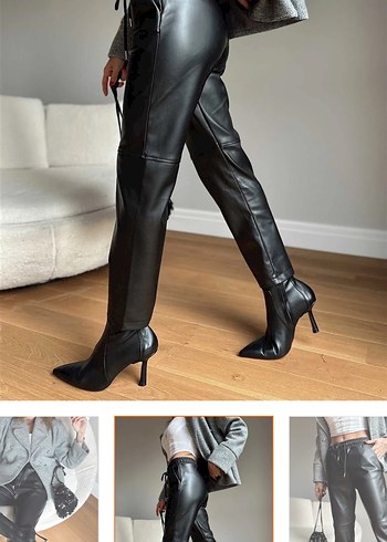 Beli bağcıklı diz dikiş detay deri pantolon  - Görsel 2