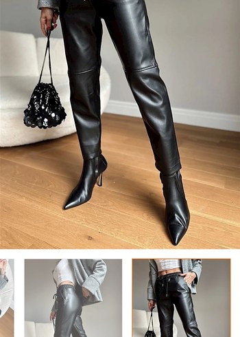 Beli bağcıklı diz dikiş detay deri pantolon  - Görsel 3