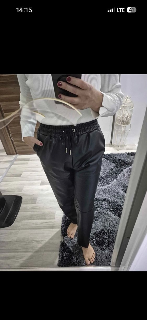 Beli bağcıklı diz dikiş detay deri pantolon  - Görsel 4