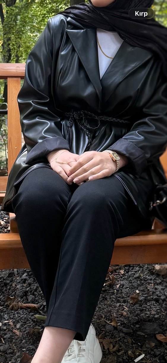 Kadın Siyah Deri Kemerli Ceket - Görsel 5