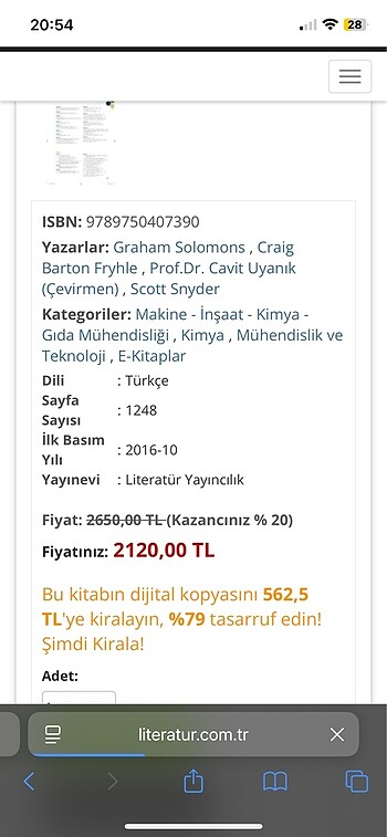 Beden ORNAGİK KİMYA 11.basımdan çeviri ciltli