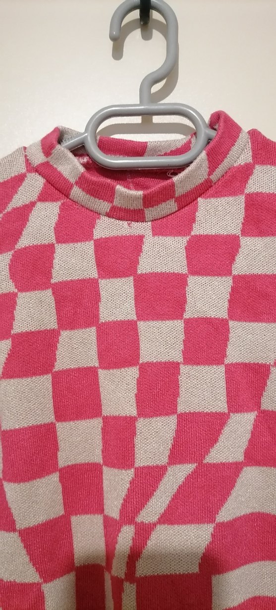 Pembe Kareli Boğazlı Kadın Kazak - Görsel 3