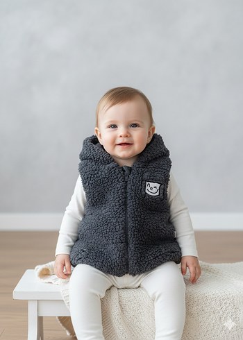 Erkek kız bebek Gri Kapüşonlu Pofuduk Yelek - Görsel 2