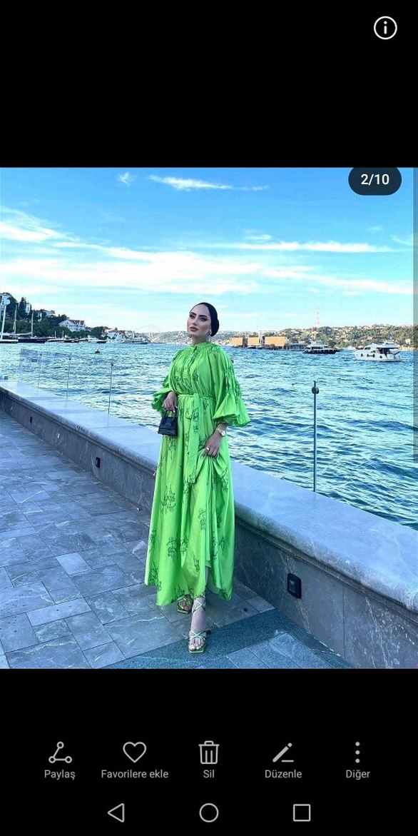 Kurbağa yeşili Uzun saten abiye  Elbise - Görsel 3