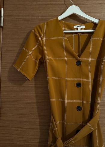 34 Beden kahverengi Renk Düğmeli Kahverengi Ekose Midi Elbise