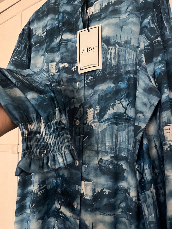 Mavi Bağlama Desenli Uzun  Elbise - Görsel 3