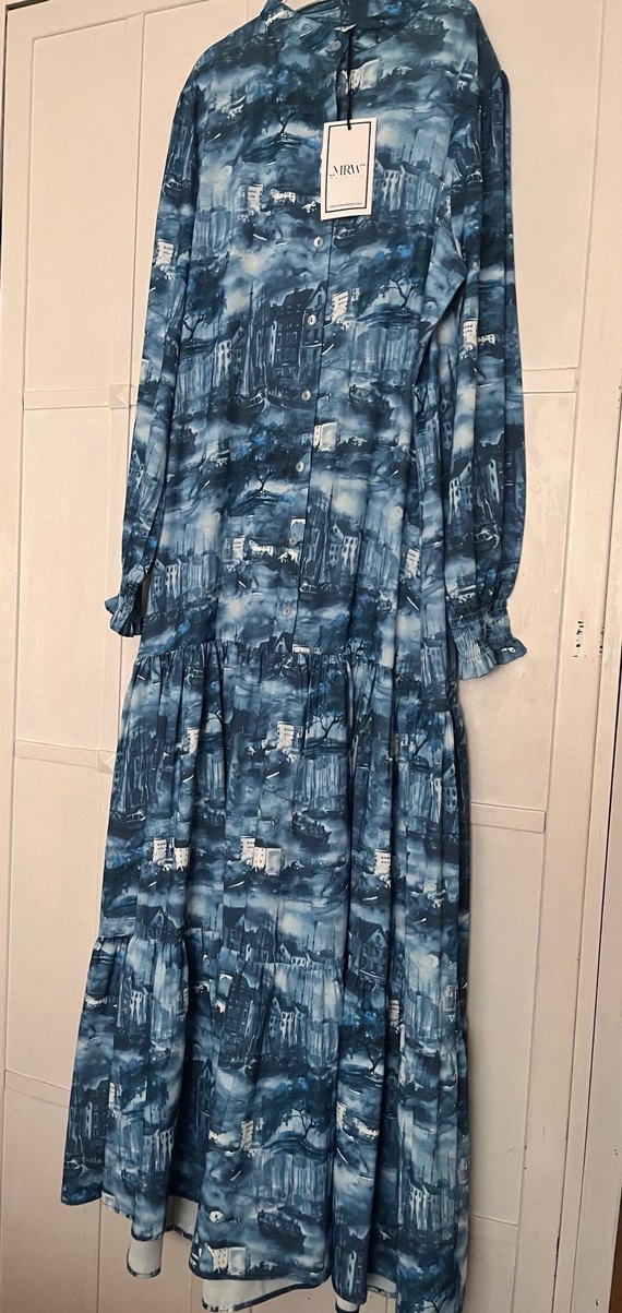 Mavi Bağlama Desenli Uzun  Elbise - Görsel 2